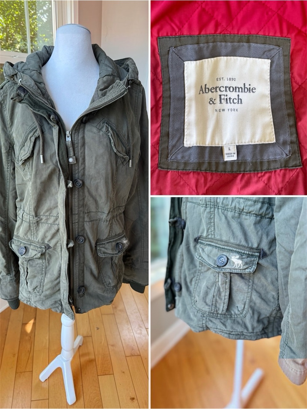 Vintage Y2K Abercrombie & Fitch Olive Green Moose Logo Hooded Utility Jacket L